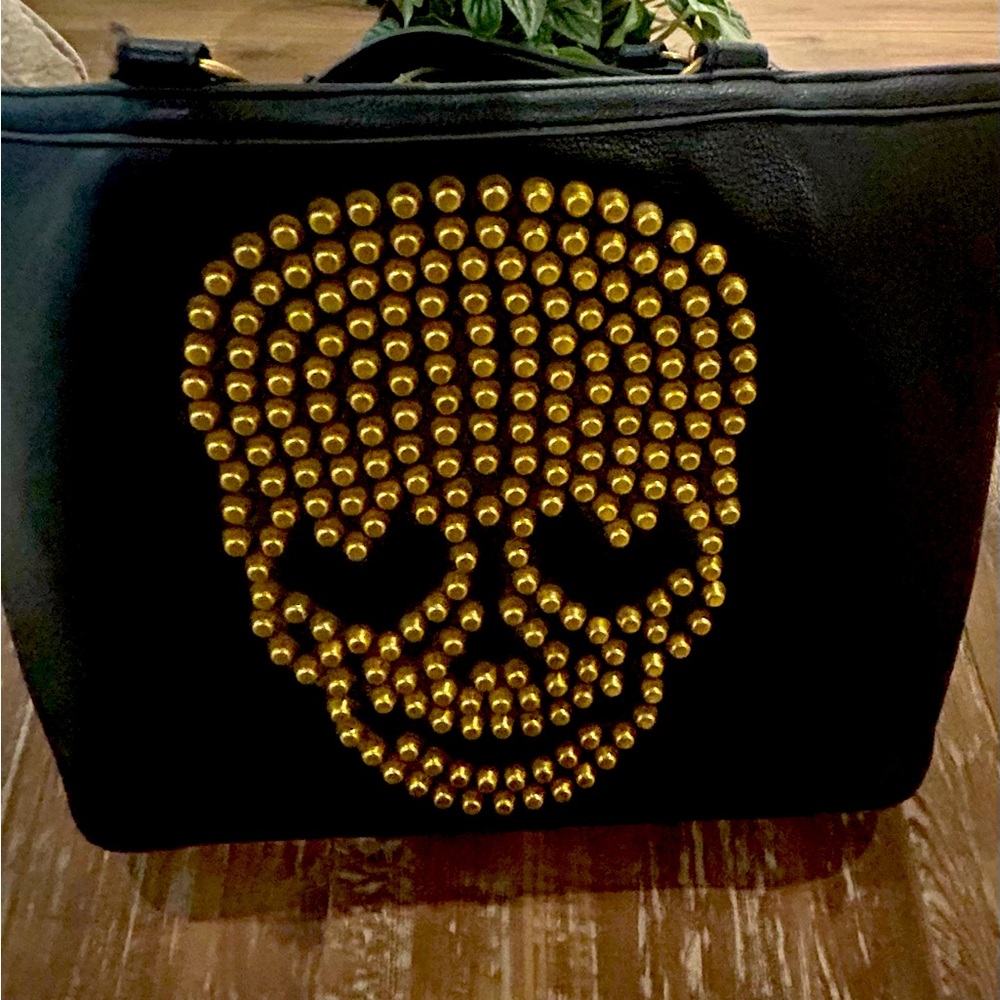 Black Betsey Johnson Tote with Gold/Brass Studded Skull Design